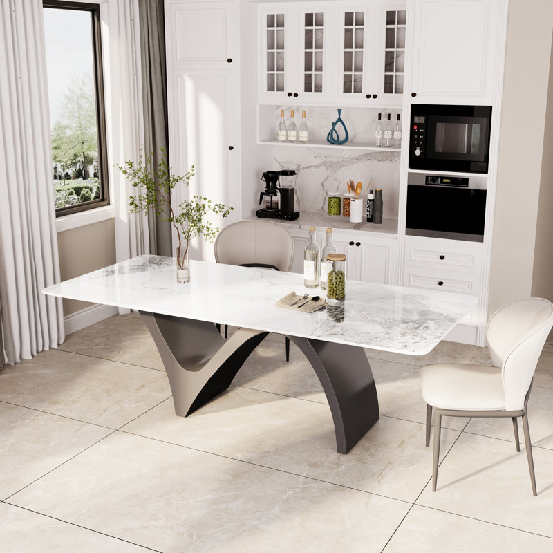 Orren Ellis Modern Rectangular Dining Table, Glossy White Kitchen